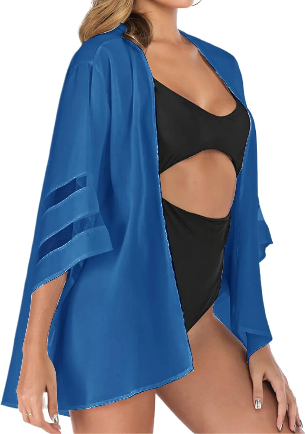 Женский легкий кардиган с рукавами 3/4 колокол Mesh, Dark Blue — фото 2