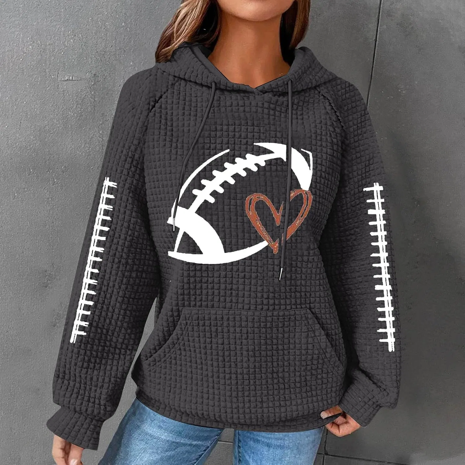 Женский свитшот с капюшоном, с принтом, Football Hooded, Dark Gray-a — фото 2