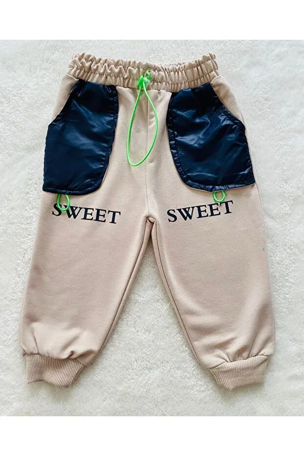Детские спортивные штаны для девочек с принтом Parachute pocket detailed unisex baby and child single sweatpants Bediş Baby Clothes, Stone — фото 3