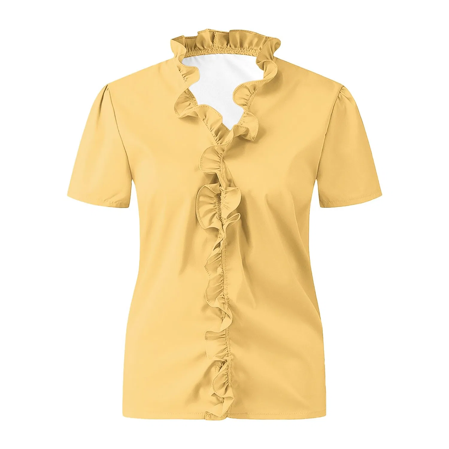 Женская блузка с V-образным вырезом и воланами, с коротким рукавом, Short Sleeve-yellow — фото 4