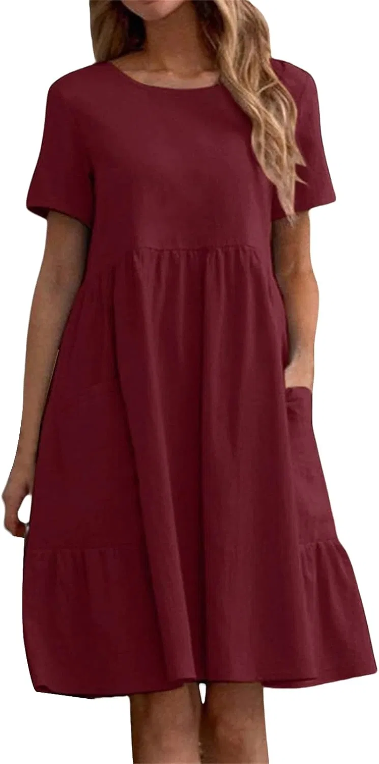 Женское летнее платье-футболка из хлопка и льна с карманами, Wine Red