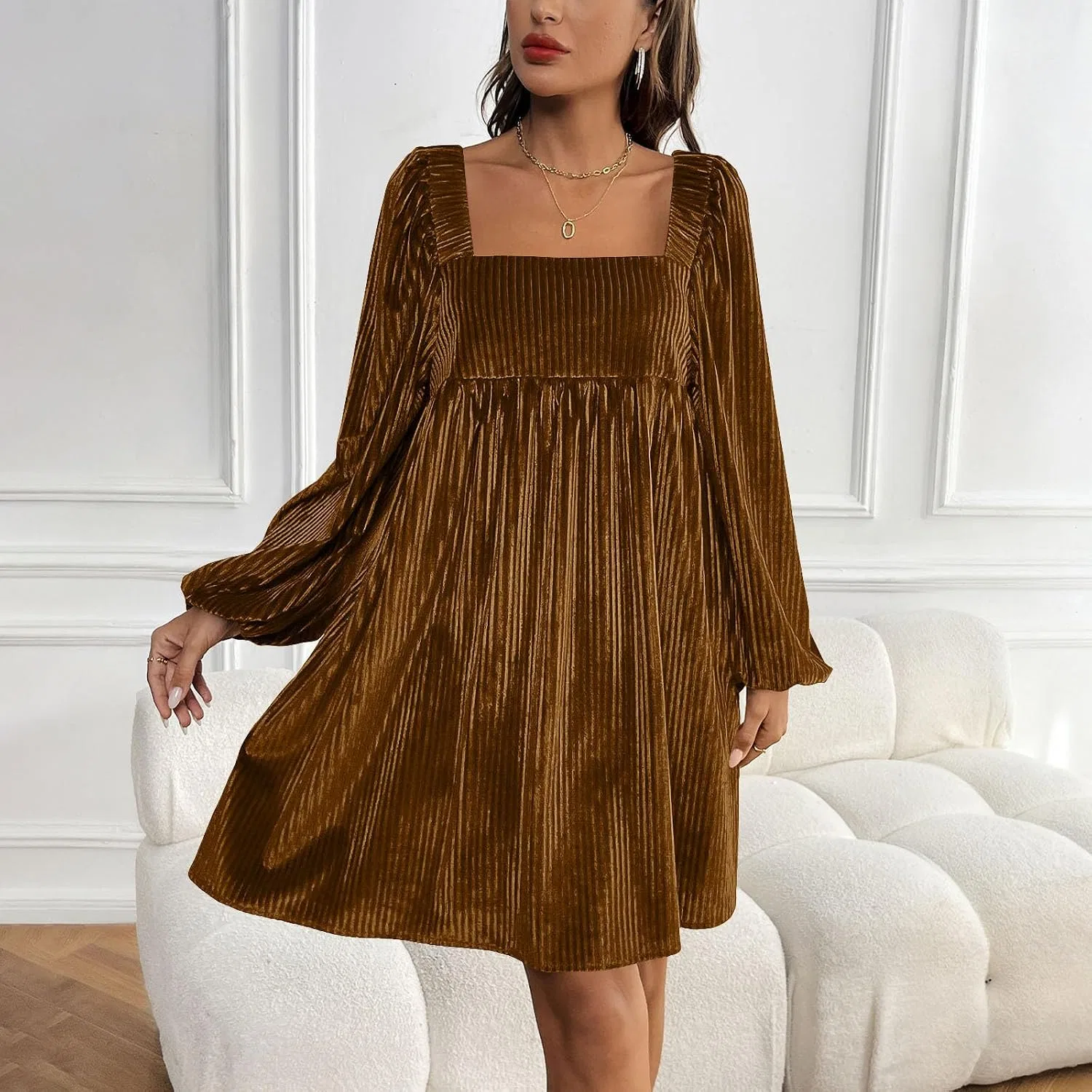 Женское платье из вельвета с длинным рукавом, A01#brown — фото 3