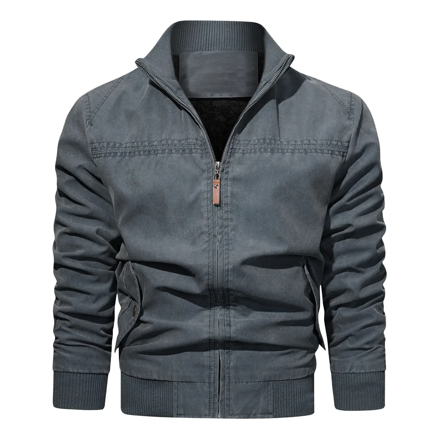 Мужская куртка из экокожи с воротником-стойкой Retro Winter Jacket, zzzz03-grey — фото 3