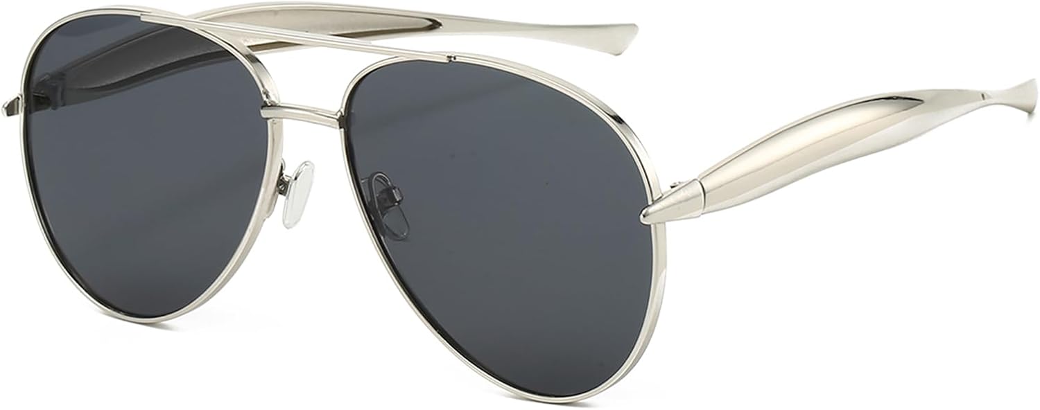 

Солнцезащитные очки Long Keeper Retro Pilot для женщин и мужчин, золотистые металлические, большие, в авиационном стиле, модные, с двойной перемычкой, в стиле 70-х, Silver Frame - Black Lens