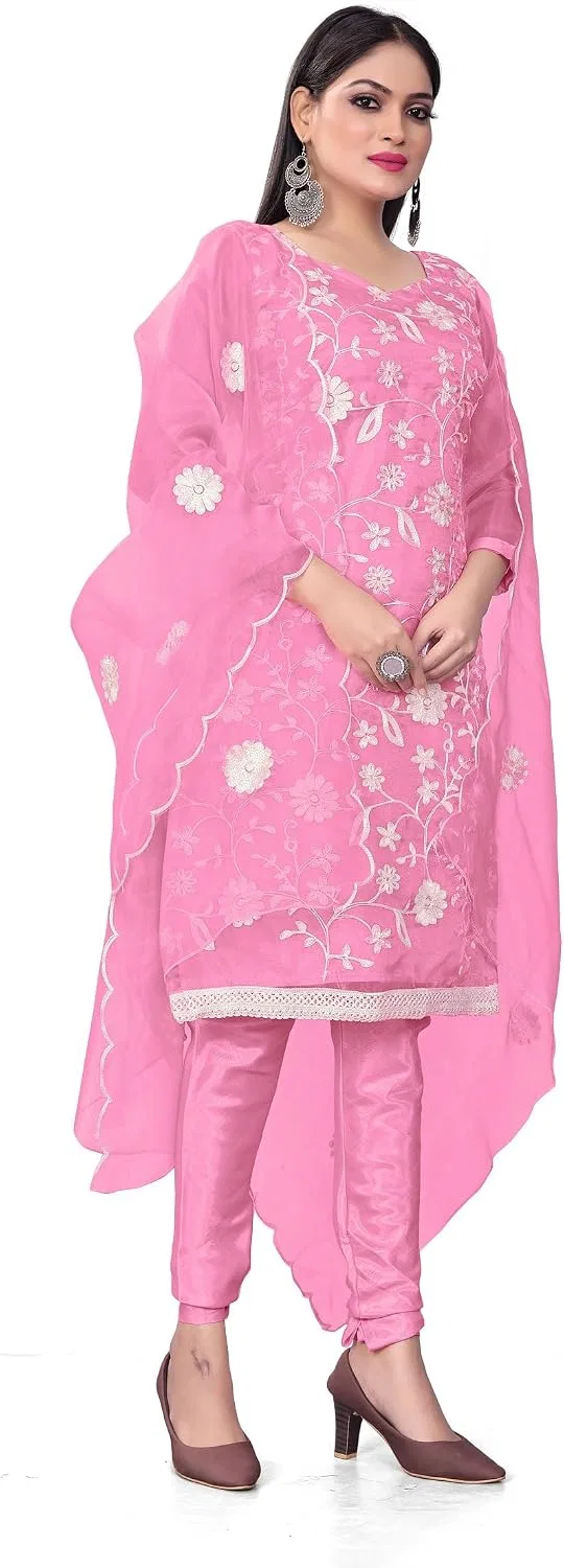 Женский индийский костюм сальвар камиз с вышивкой Organza Silk, Pink — фото 4