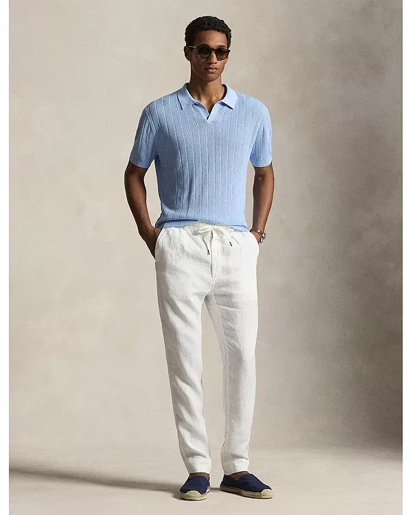 Мужское поло с воротником-джонни из льна Linen Johnny Collar Sweater Polo Shirt Polo Ralph Lauren, синий — фото 2