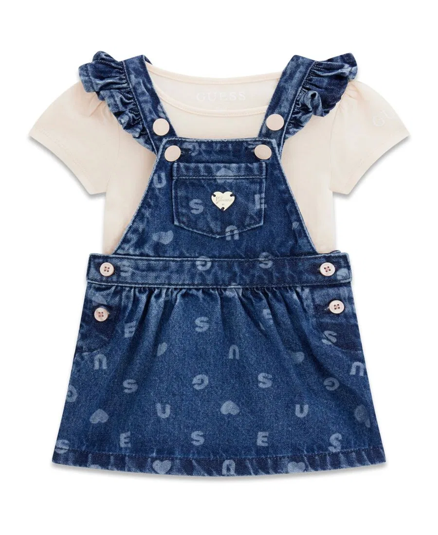 Комплект из боди и джинсового сарафана GUESS, Soft Cream/Blue Denim — фото 3