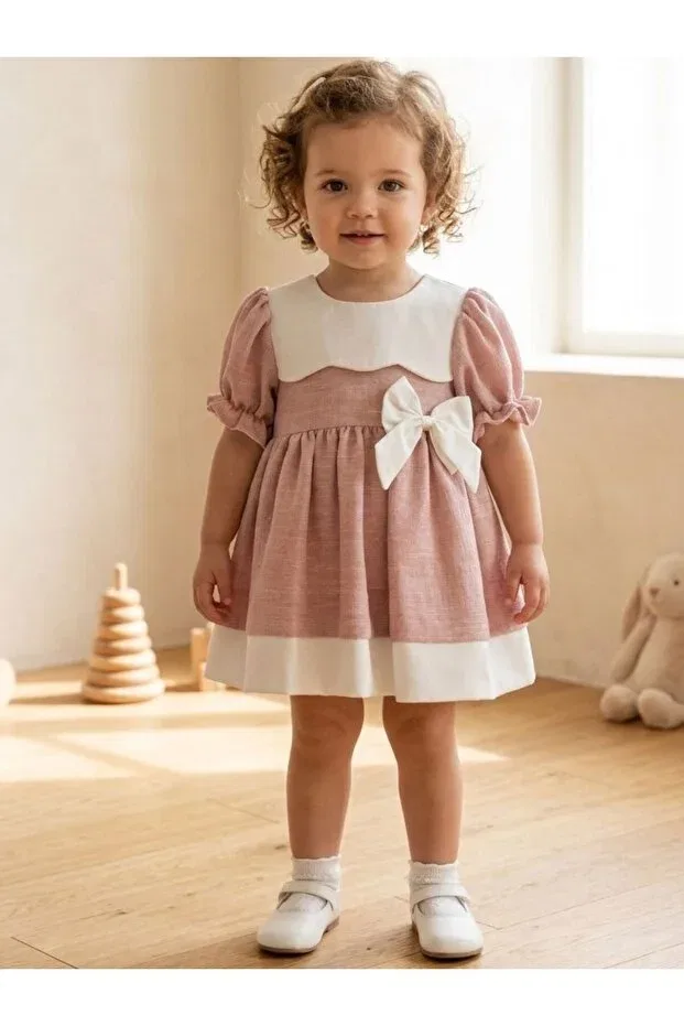 Детское платье для девочек с воланами Masalsi Bow Detail Baby Girl Dress Cherrys Bebek, Powder