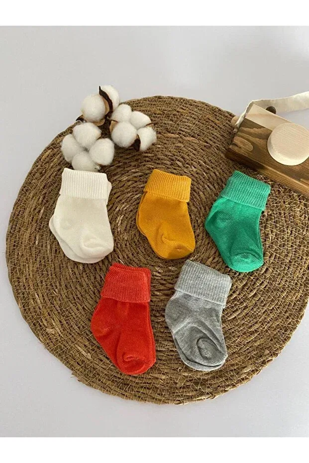 Детский набор носков для новорожденных 5 пар Organic Cotton Unisex 5-Piece Premium Newborn Baby Socks - Boxed Glory Baby, Gri-Turuncu-Yeşil-Hardal-Ekru