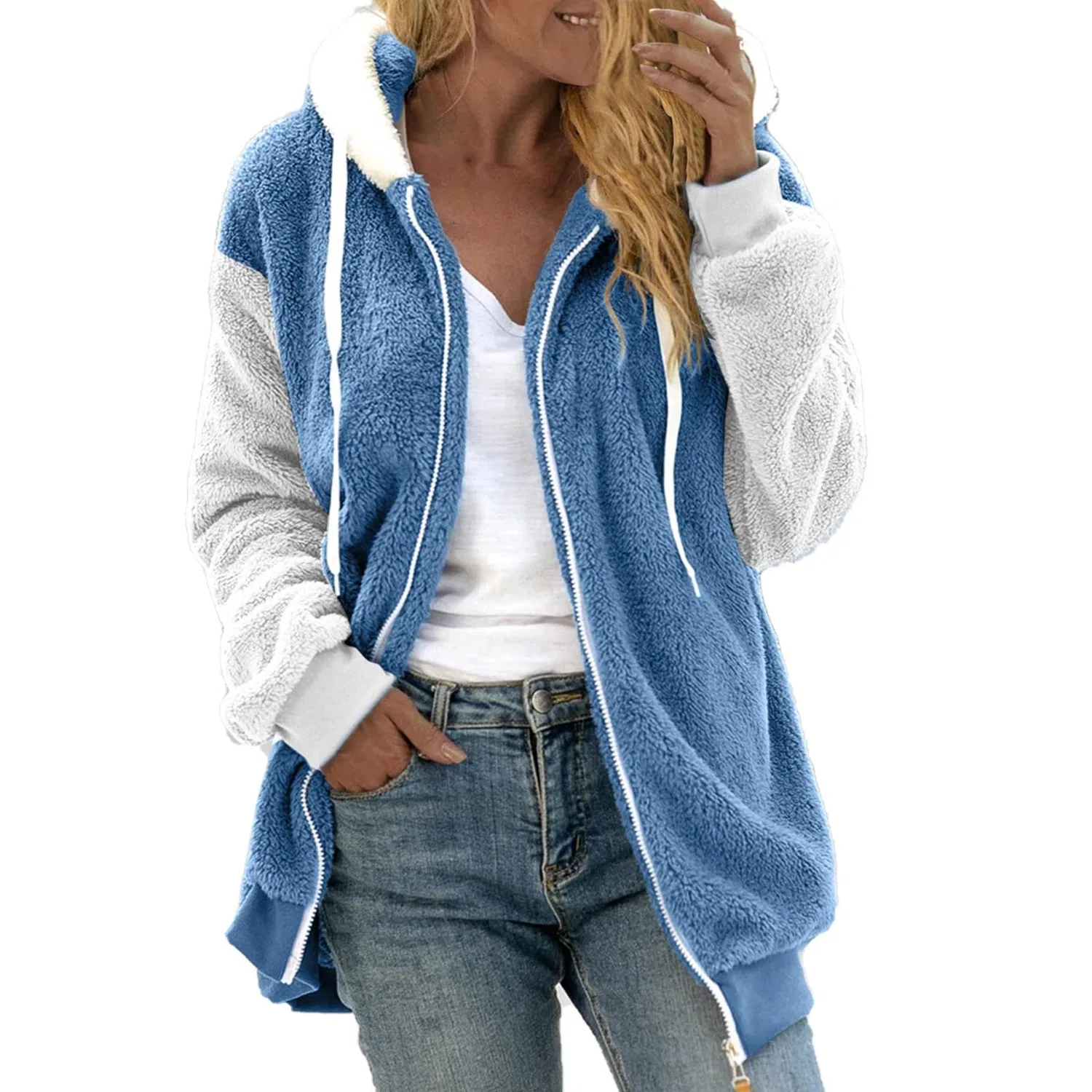 Женская зимняя куртка на флисе с кулиской и искусственным мехом, Light Blue 20
