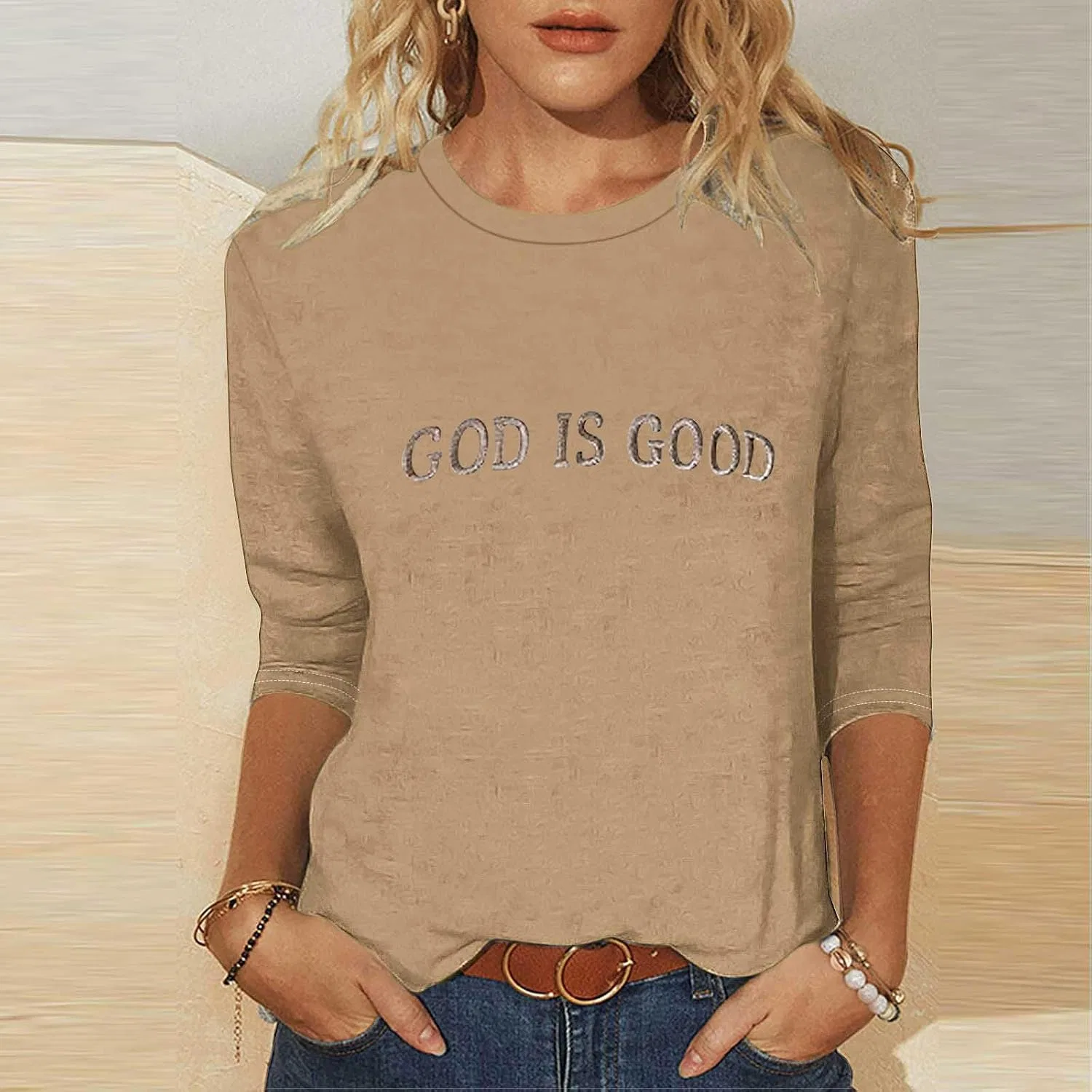 Женская футболка с длинным рукавом God is Good, хаки — фото 2
