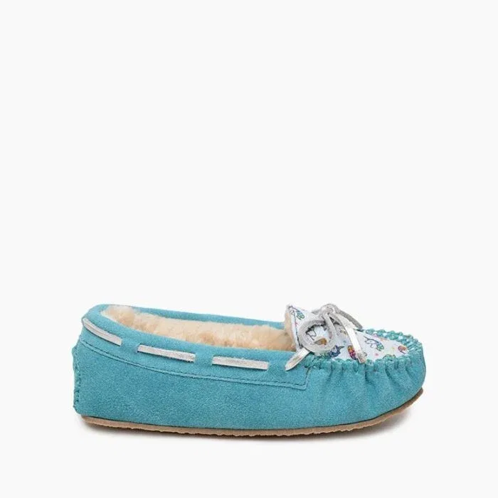 Детские тапочки-мокасины из замши с принтом Cassie Turquoise Unicorn Minnetonka, синий — фото 2