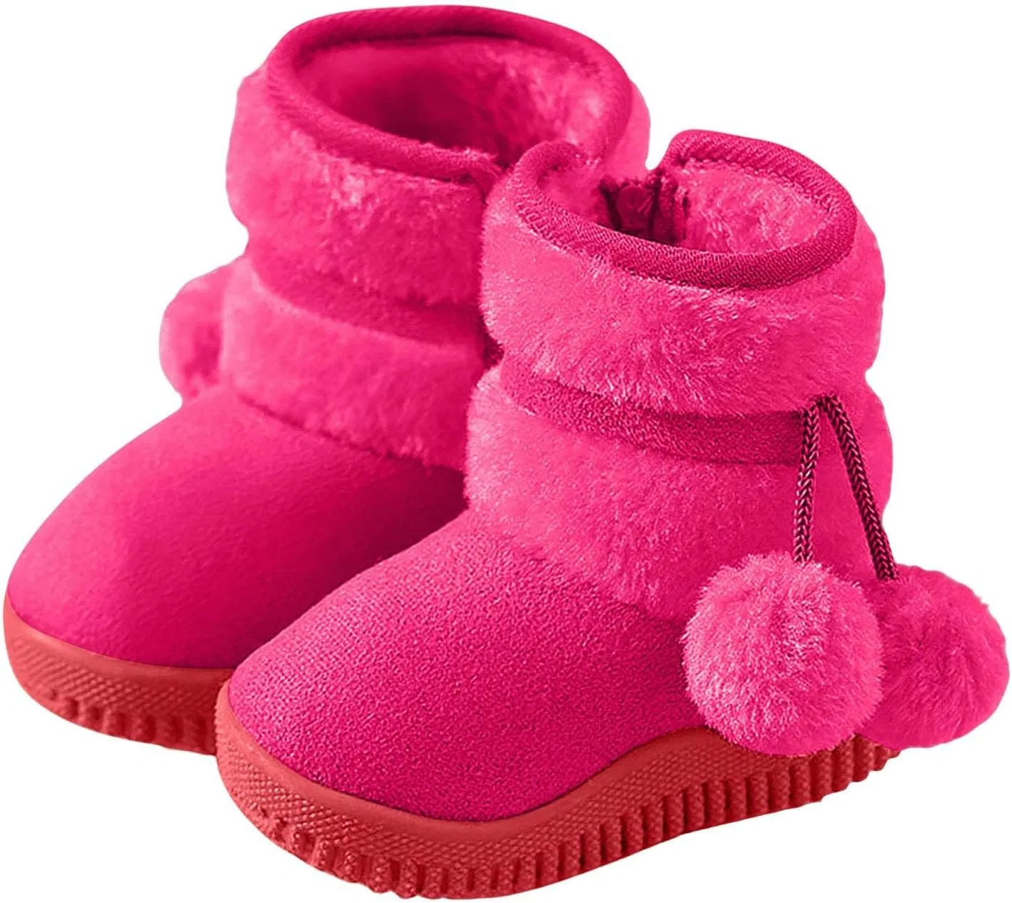Детские зимние ботинки для девочек с помпонами и молнией, Hot Pink