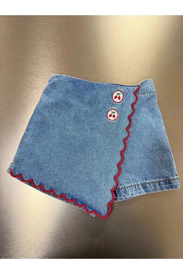 Детские шорты для девочек джинсовые с вышивкой Cherry Embroidered Jean Shorts Skirt Teeny Weeny Kids, Blue — фото 2