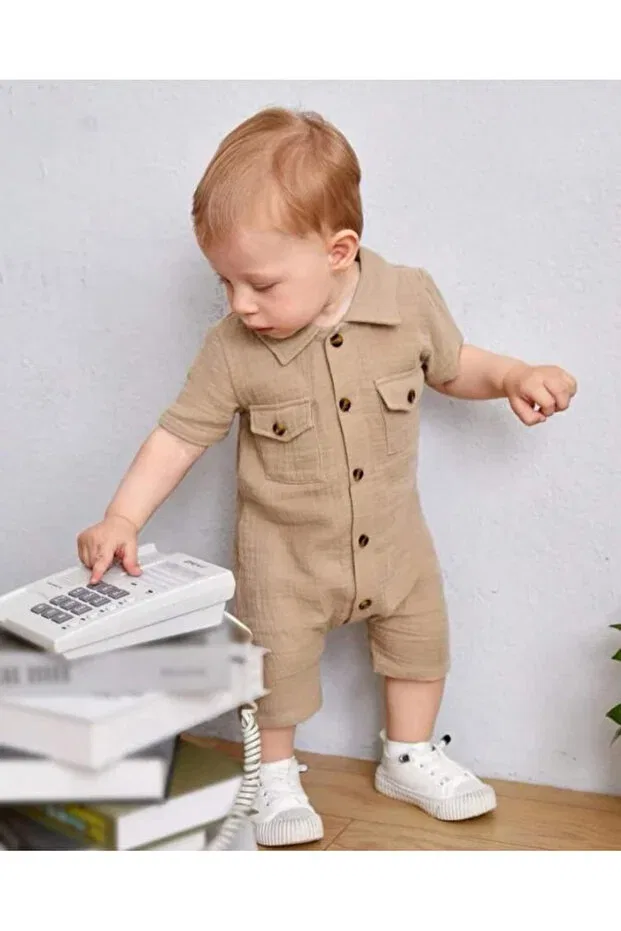 Детский комбинезон хлопковый с коротким рукавом Basics Bubito, Beige