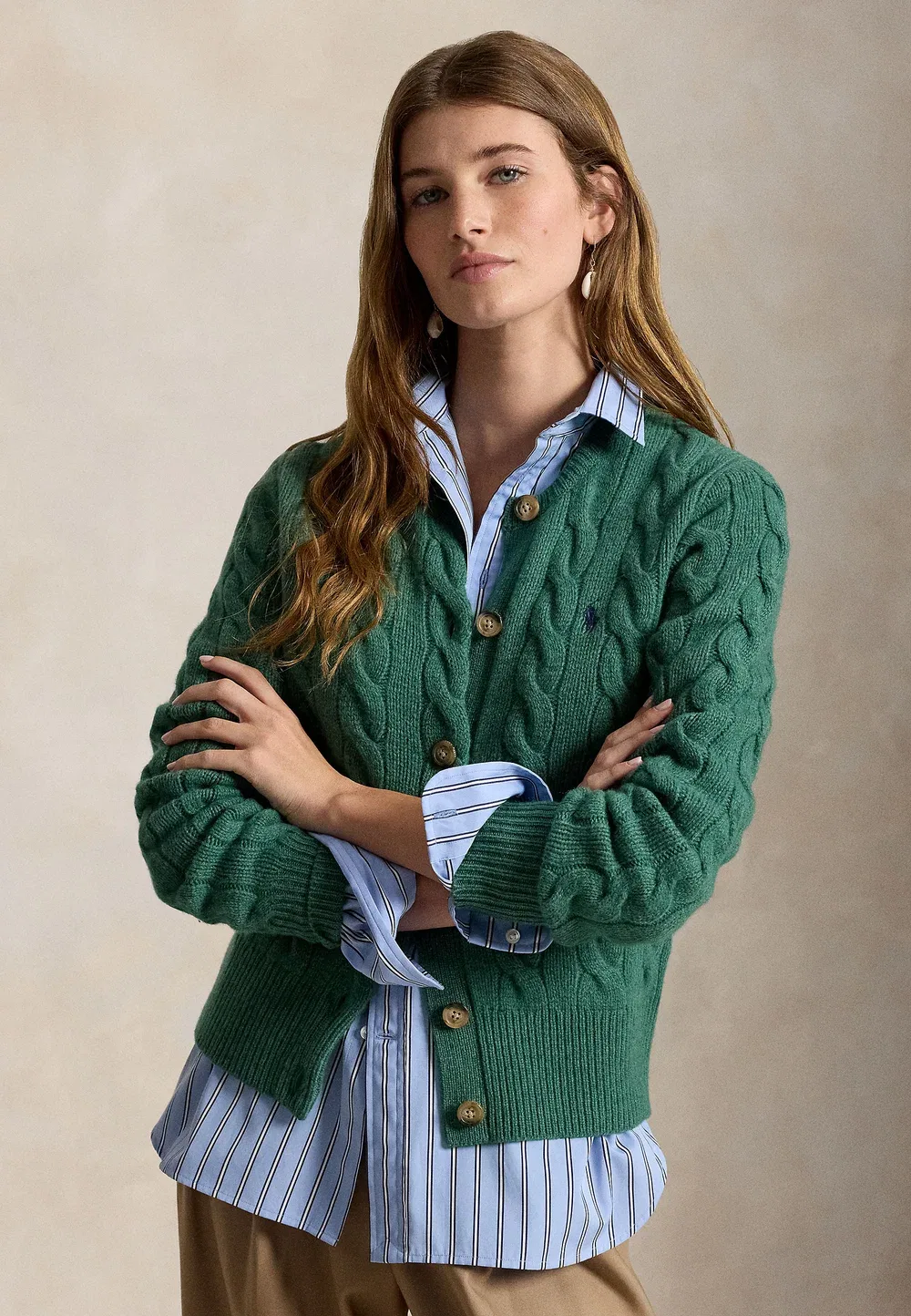 Кардиган из шерсти и кашемира с косами Polo Ralph Lauren, Clover Green Heather