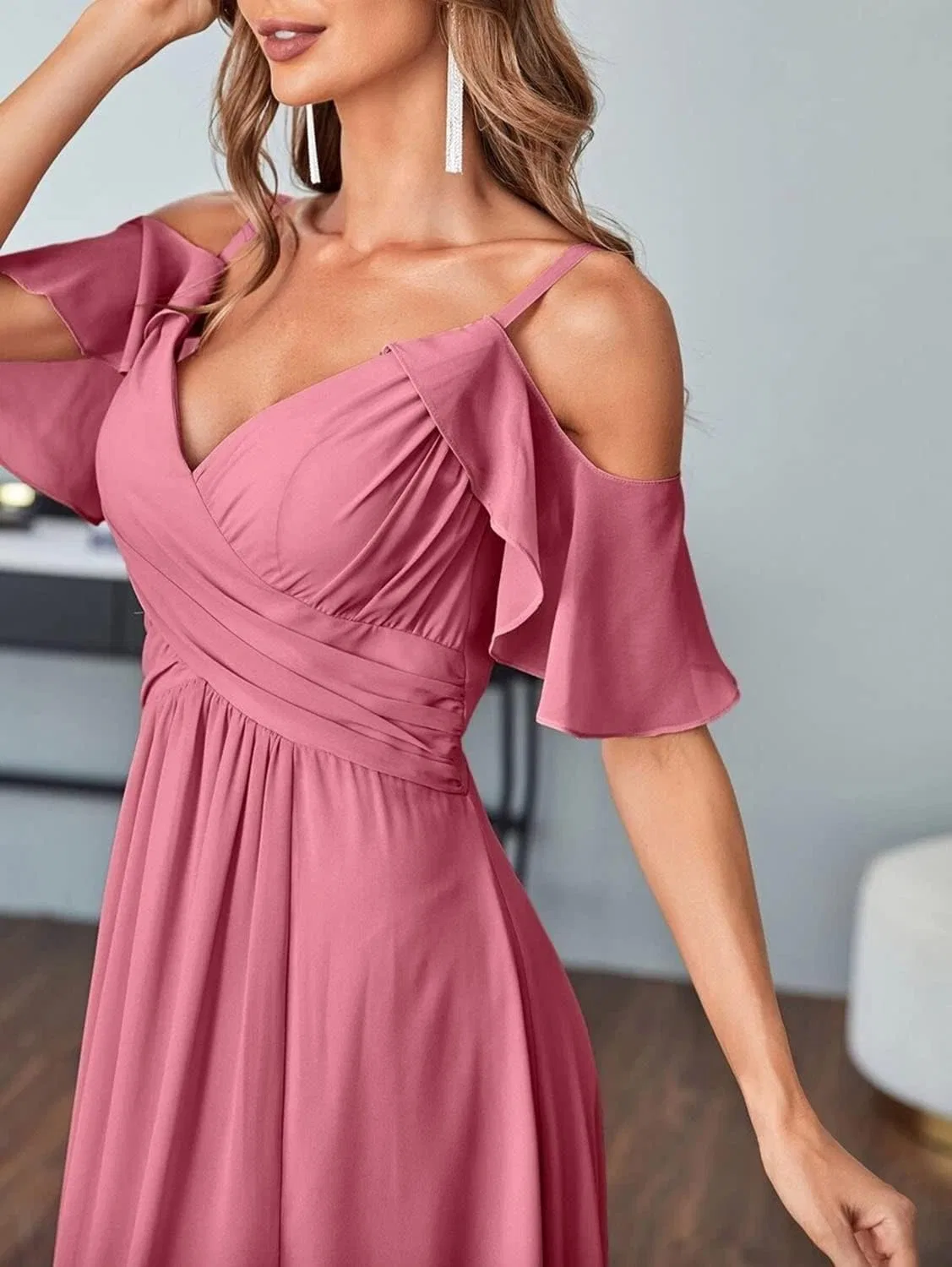Женское вечернее платье с открытыми плечами и разрезом, Dusty Purple — фото 4