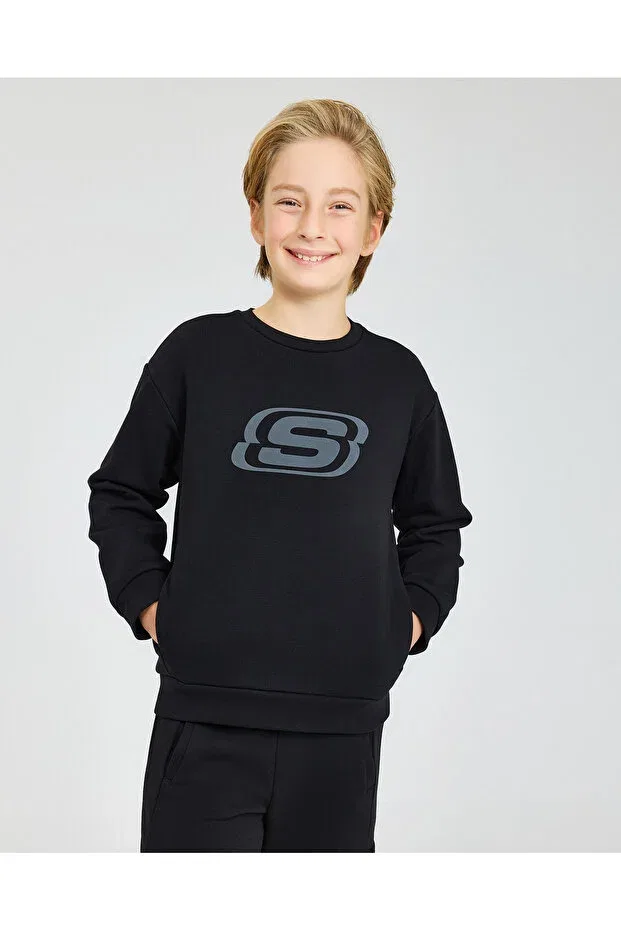 Детское для мальчиков свитшот с длинным рукавом B Essential Crew Neck Sweatshirt Large Boy Black Skechers, Black — фото 2