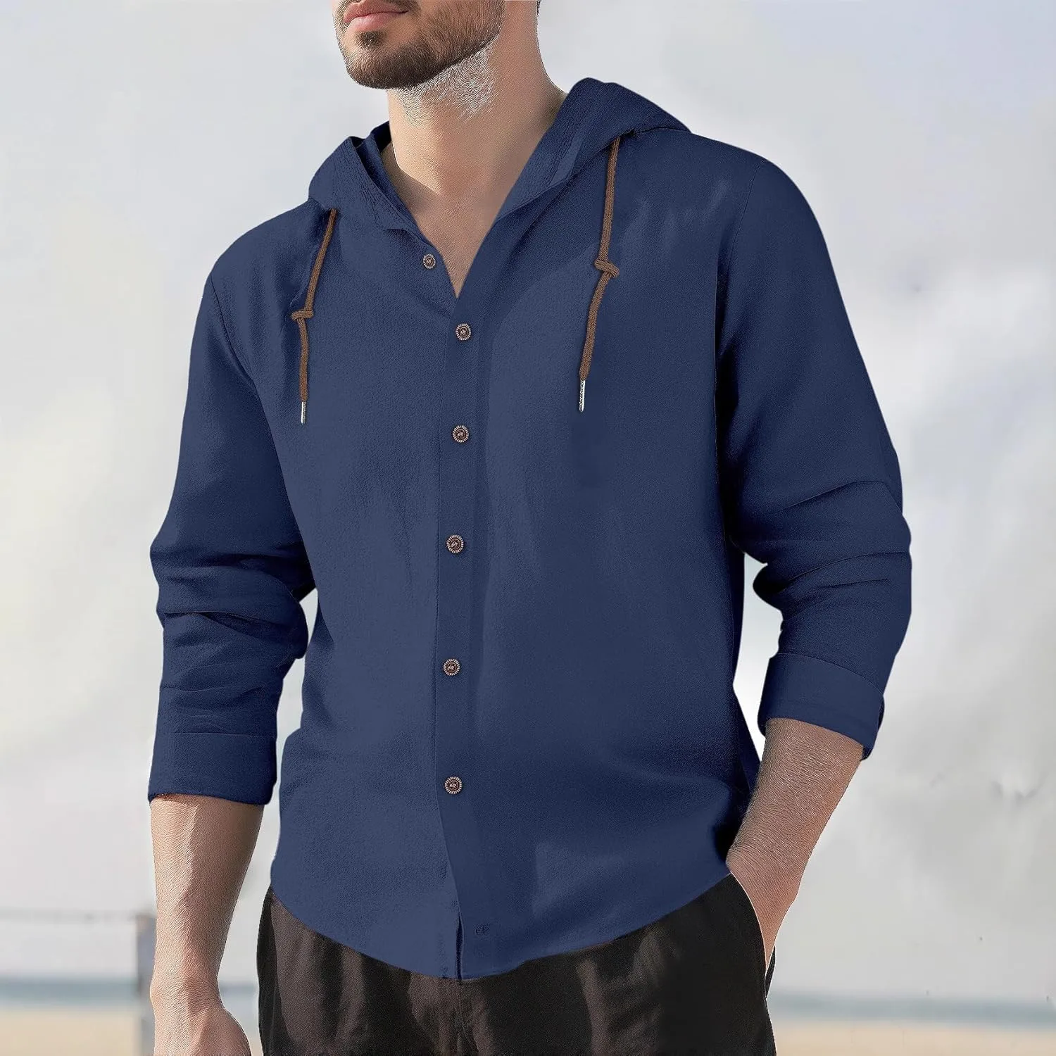 Мужская льняная рубашка Casual легкая на пуговицах для пляжа летние худи для путешествий с длинным рукавом гавайская Generic, темно-синий — фото 2
