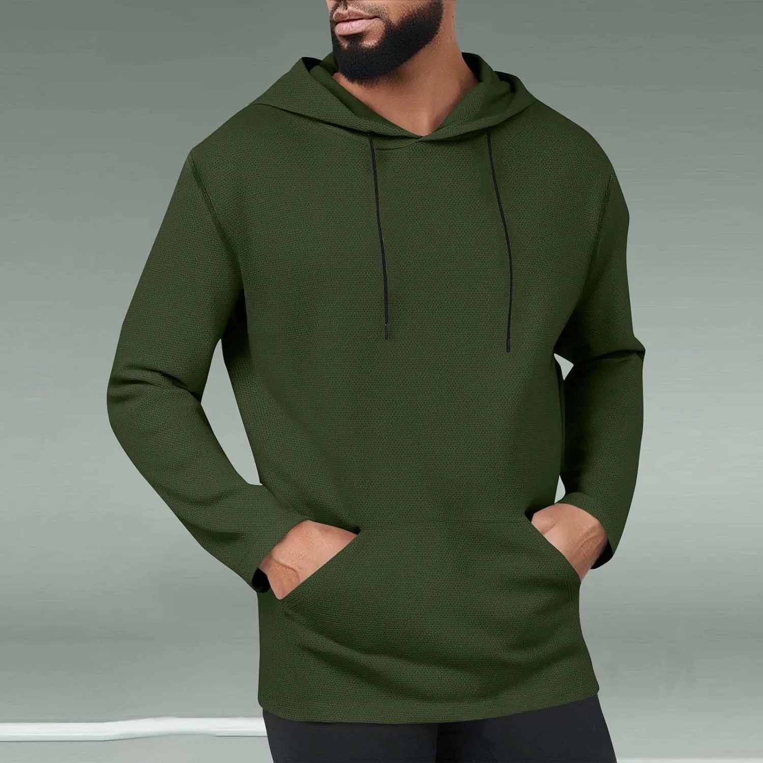 Мужская худи с капюшоном, легкая, с карманом, Army Green — фото 2
