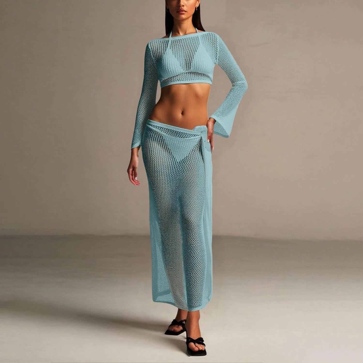 Женский пляжный пэчворк-пончо с ажурным узором Crochet, Light Blue — фото 2