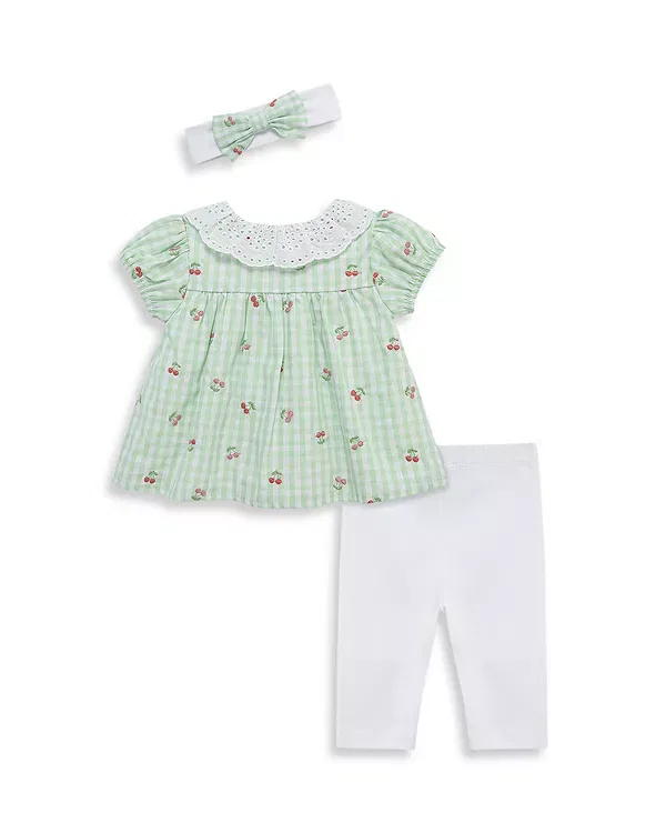Детский комплект для девочек хлопковый с принтом Cherry Check Tunic & Leggings Set Little Me, Light Green — фото 3