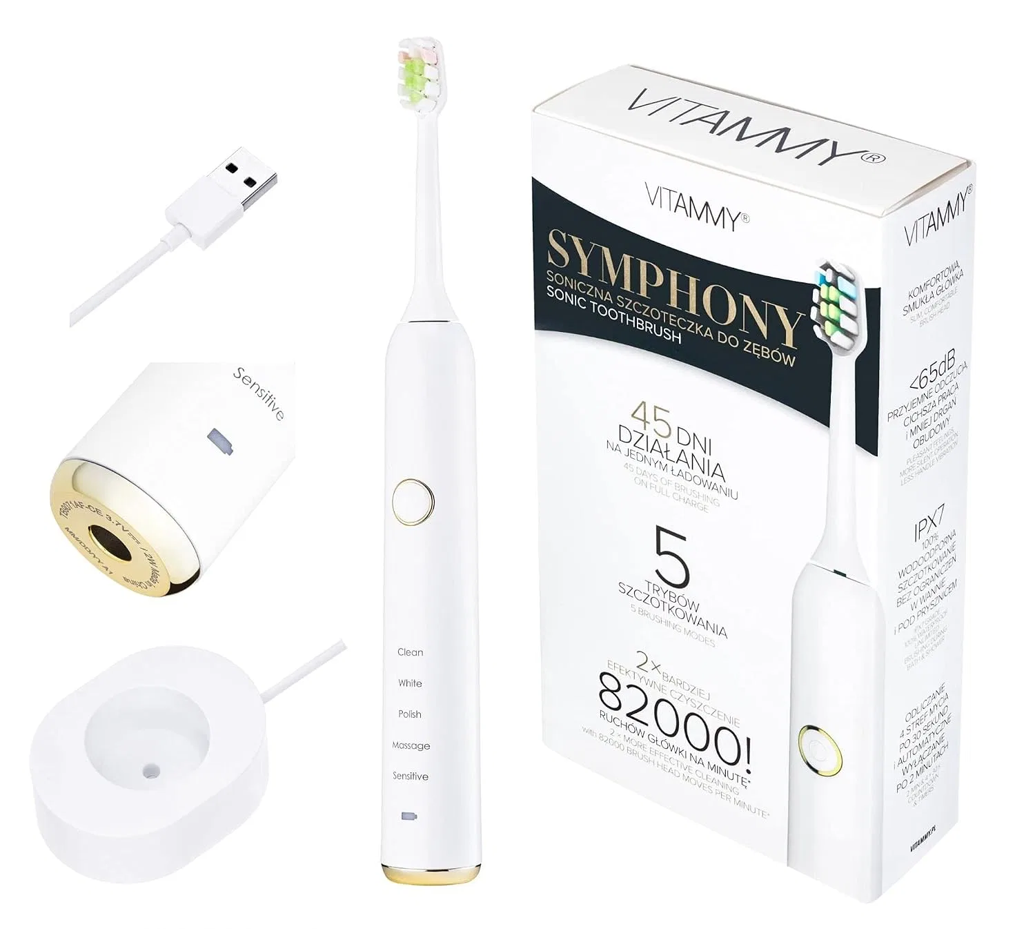 Звуковая зубная щетка, 5 режимов, VITAMMY, 1 шт, 250 г, White — фото 2