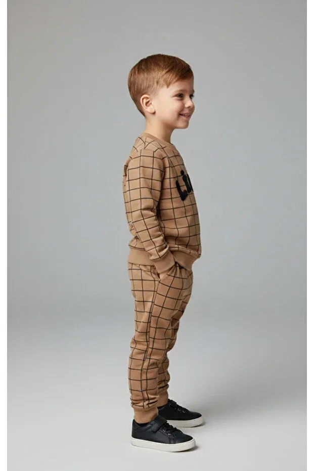 Детский спортивный костюм для мальчиков с принтом Boy'S lion written on it embroidered square patterned tracksuit 2-piece set Tuffy, Brown