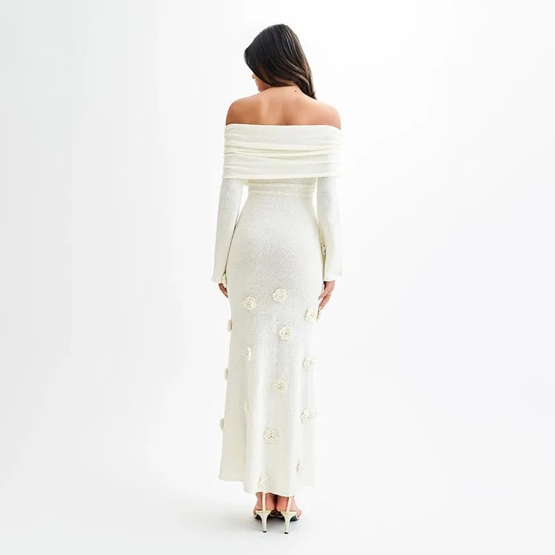 Женское платье-макси с открытыми плечами вязаное кружевное Bodycon, White — фото 4