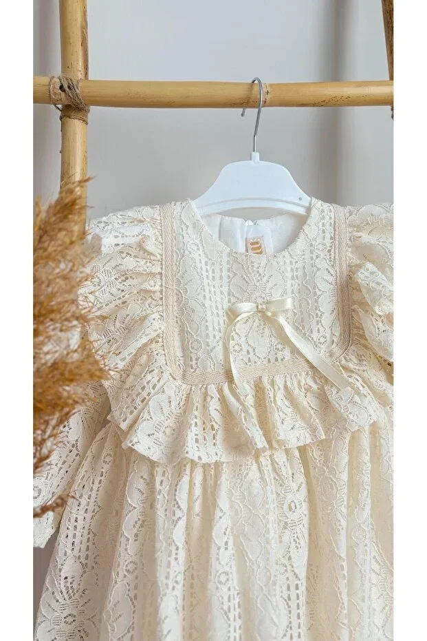Детское платье для девочек кружевное с бантом Alyra, Cream — фото 3