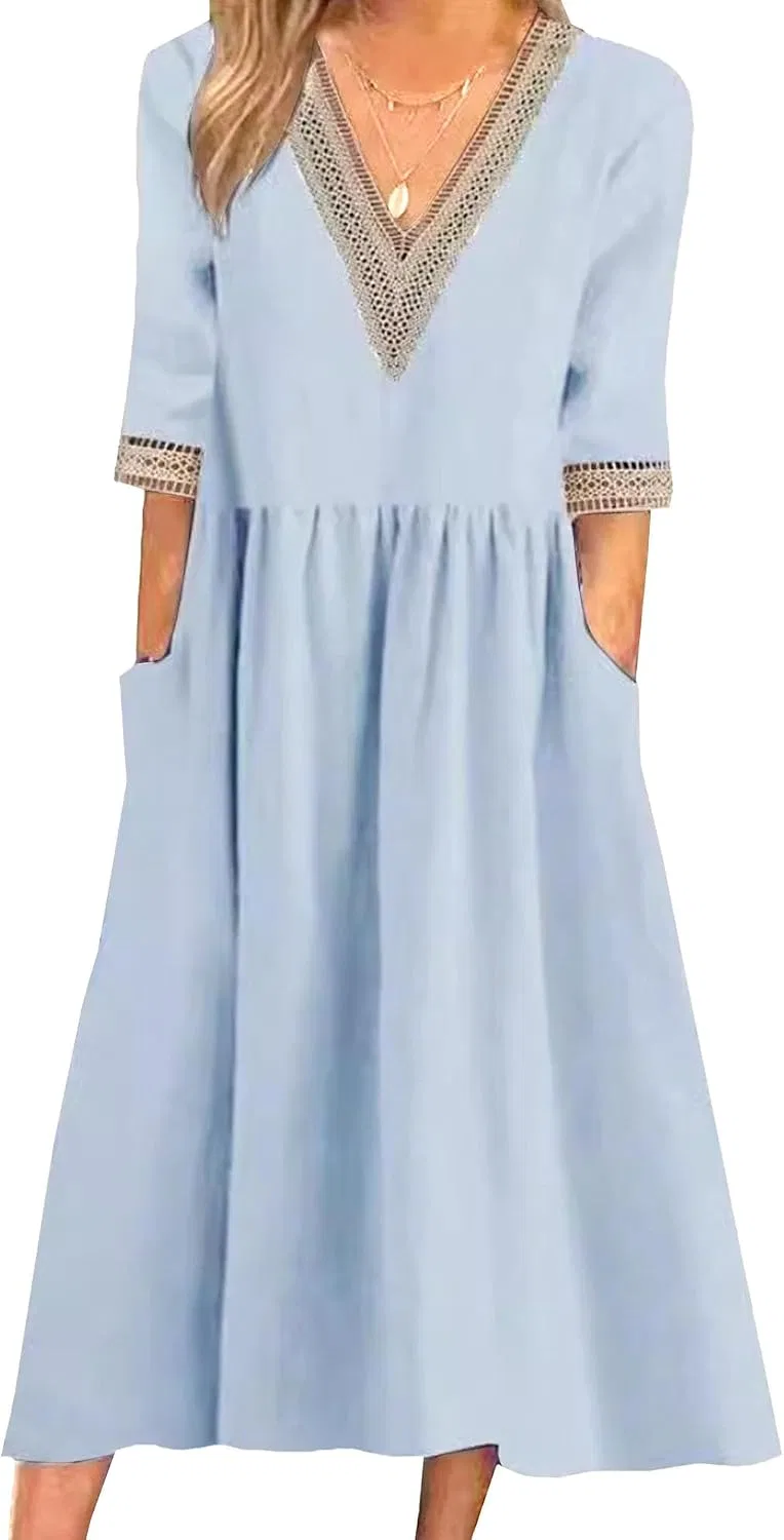 Женское повседневное платье миди V-образным вырезом, Light Blue