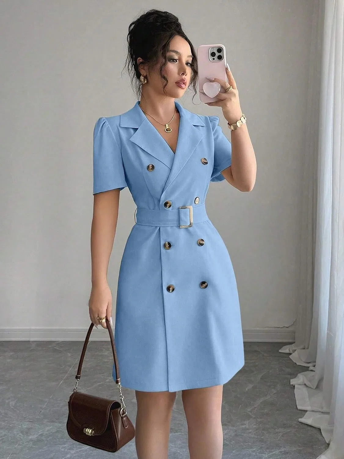 Женское элегантное платье-рубашка с поясом, Blue — фото 2