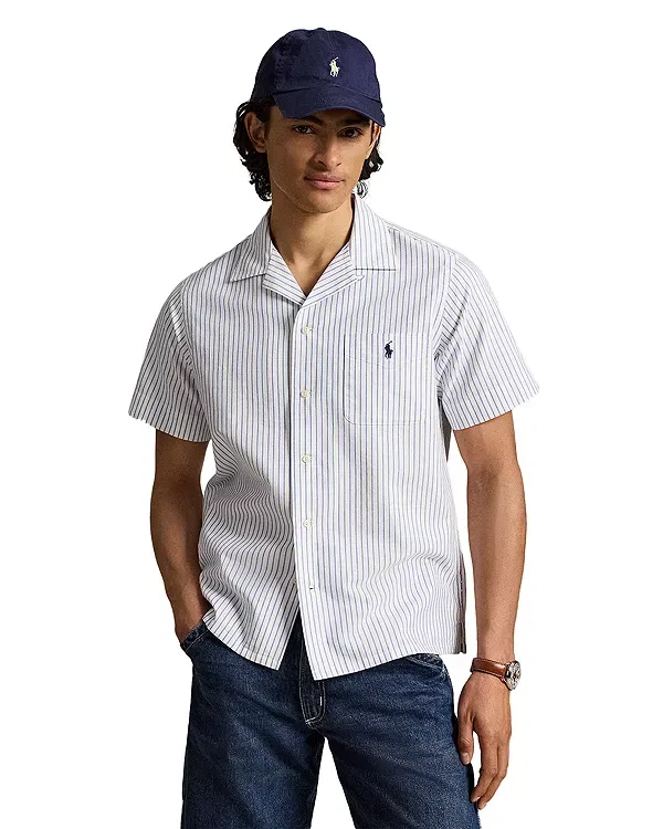 Мужская рубашка с коротким рукавом Classic Fit Stripe Oxford Pocket Shirt Polo Ralph Lauren, белый/синий