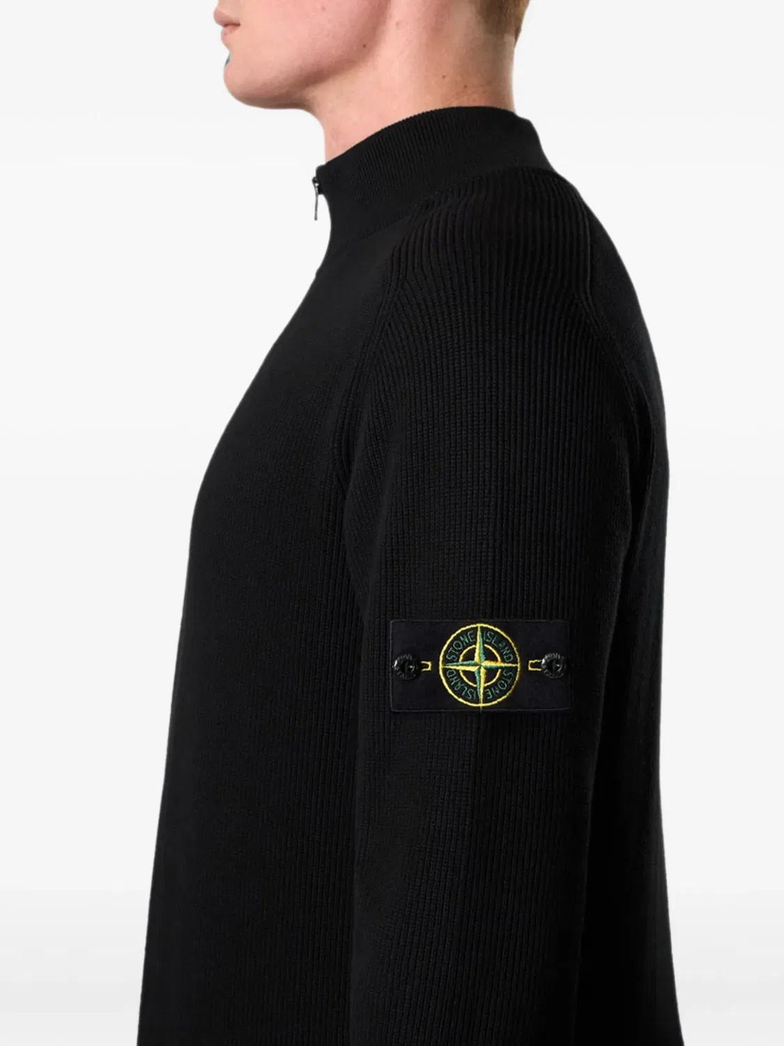 Свитер с рисунком компаса и рибаной вязкой Stone Island, черный — фото 3