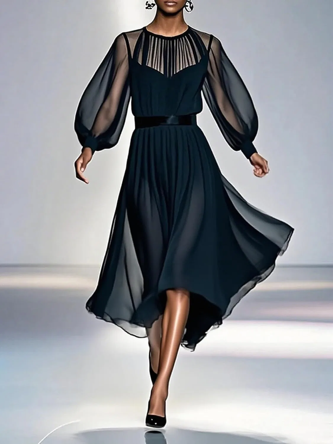 Женское платье миди с рукавами-фонариками Mesh Bodycon Dresses, Black — фото 2