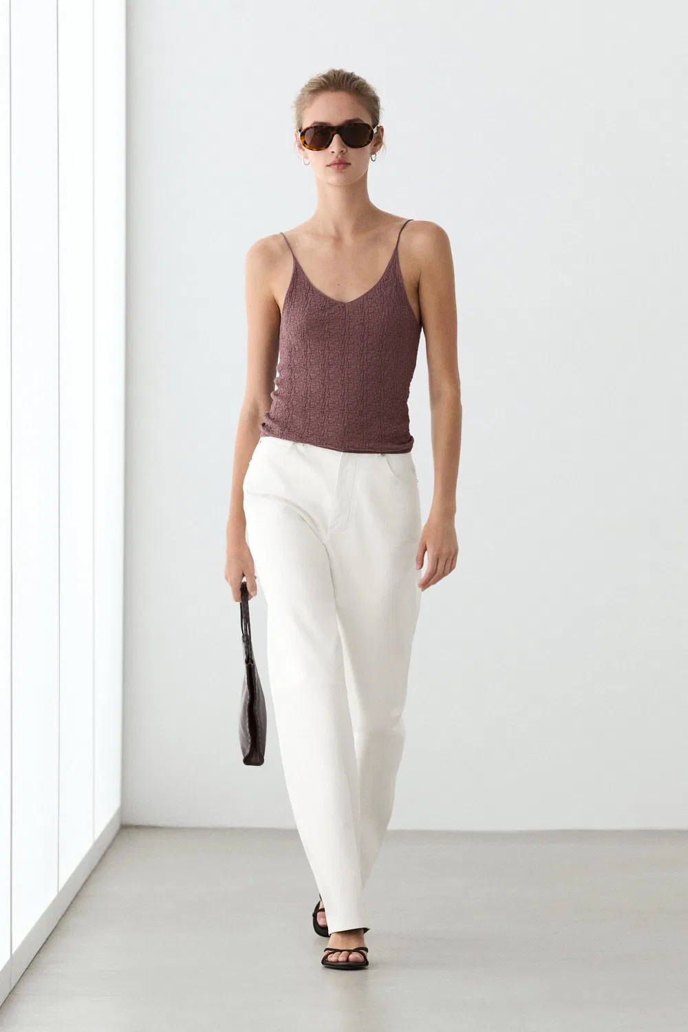 Топ Massimo Dutti, хлопковый фактурный топ на бретелях, розовый — фото 2