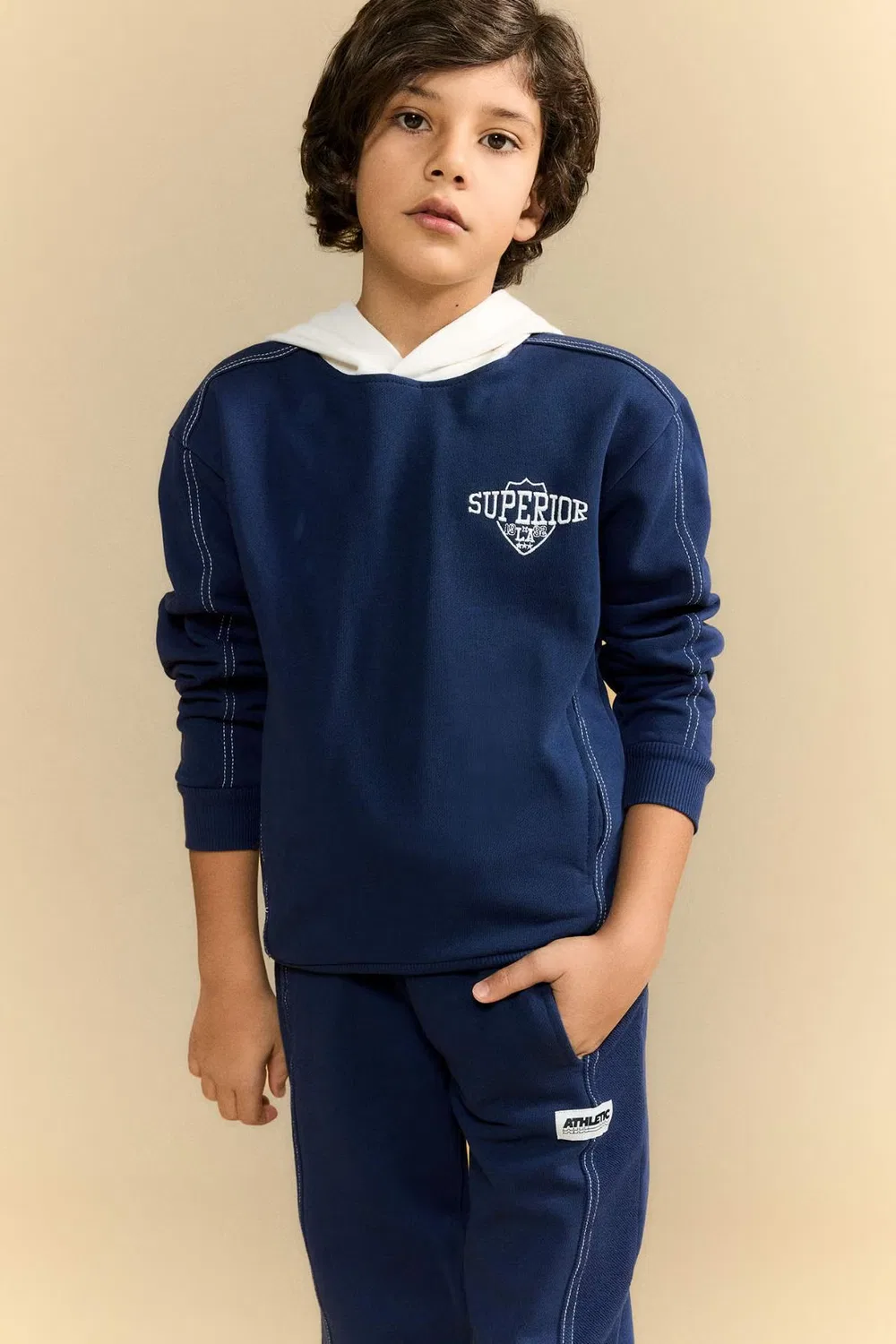 Комплект из худи и штанов с принтом, модель Boy printed hoodie sweatpants 2 piece set, Defacto, темно-синий — фото 2