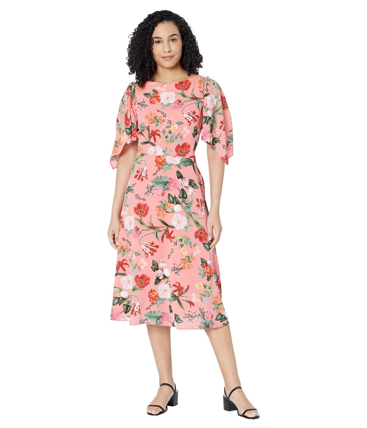 

Платье Vince Camuto, Printed Pebble Crepe Boatneck High-Low Flutter Sleeve Midi