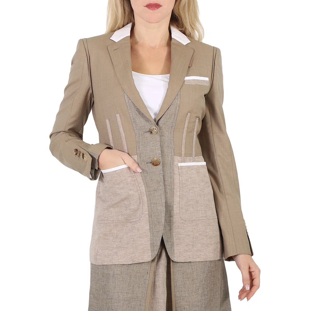 Женский блейзер с отделкой тесьмой Pecan Melange Tape Detail Mix Media Burberry, Pecan Melange