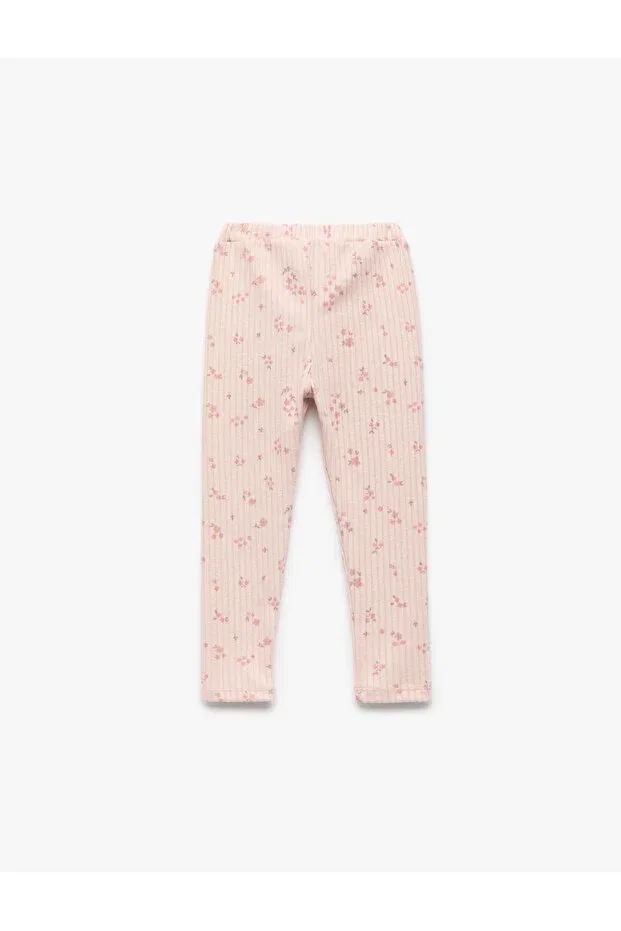 Детские леггинсы для девочек с принтом Floral leggings with lace-up waist Koton, Ecru Patterned — фото 2
