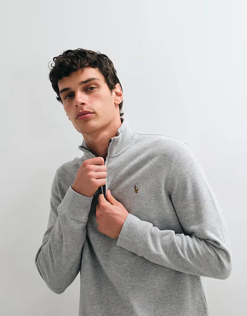 Толстовка Polo Ralph Lauren Icon Logo Estate Rib Quarter Zip светло-серый — фото 3