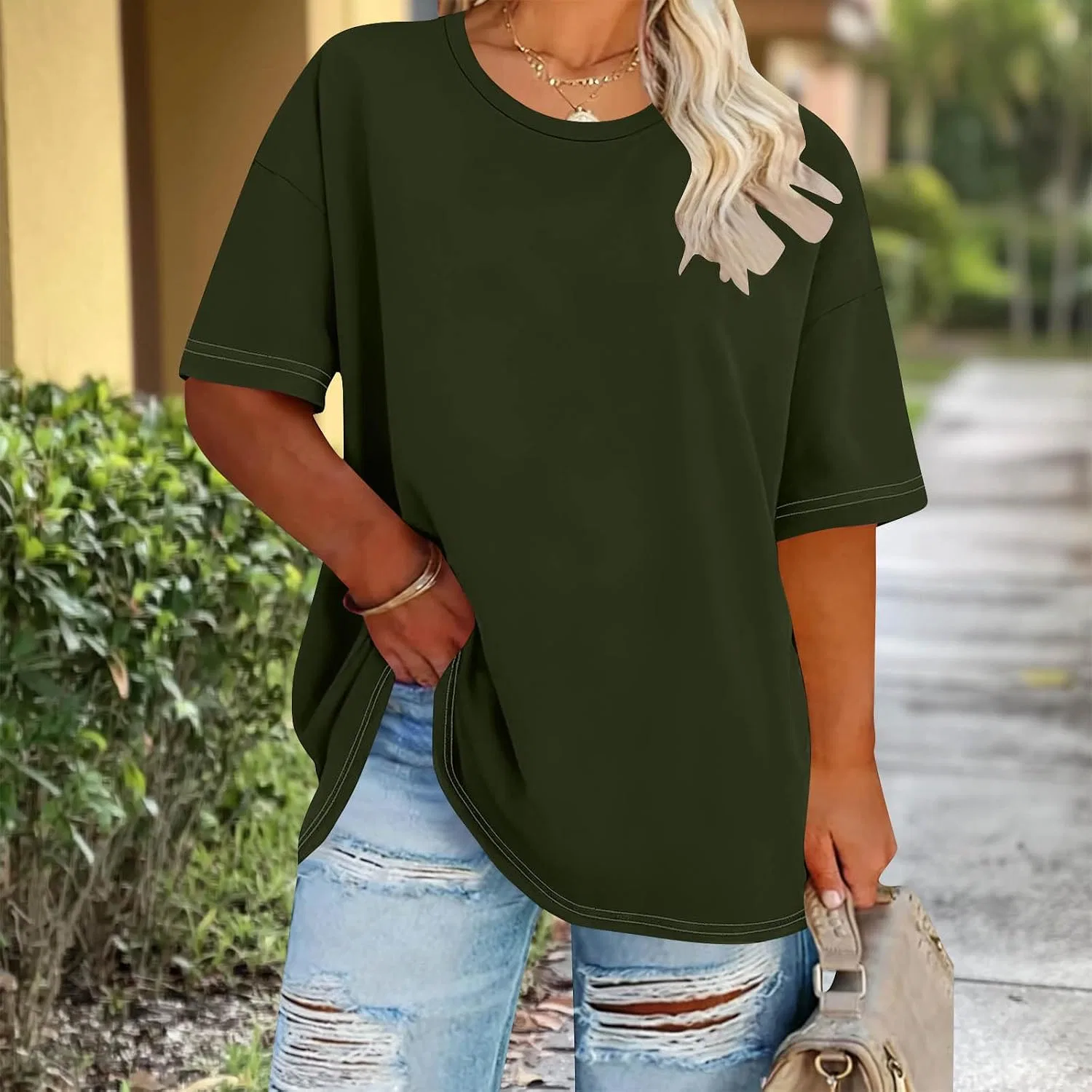 Женская футболка oversize с длинным рукавом, side slit, армейский зелёный — фото 2
