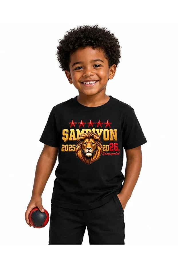 Детская футболка для мальчиков с принтом championship 5 star lion Efendioğlu Design, Black
