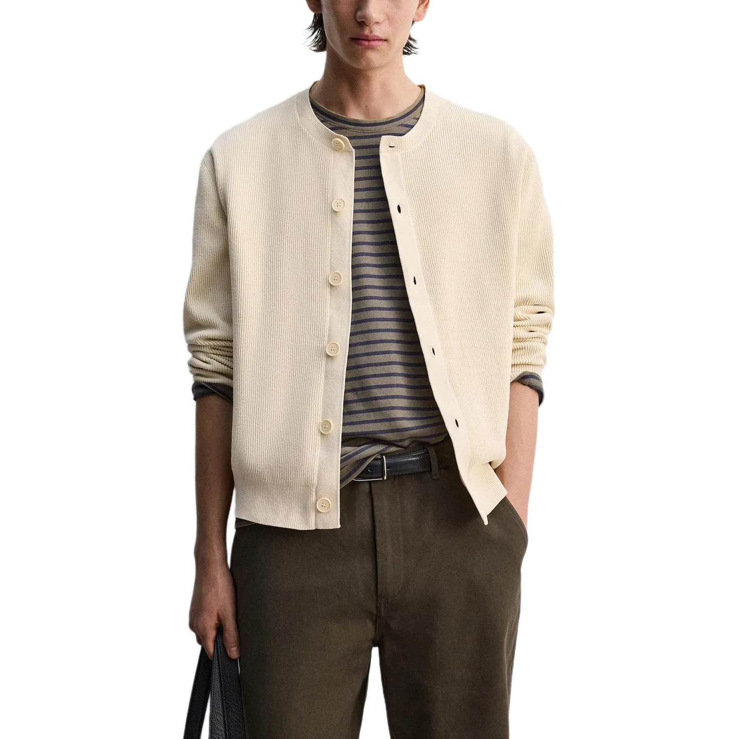 Мужской вязаный кардиган с круглым вырезом Moderate, ZARA, Raw White — фото 4