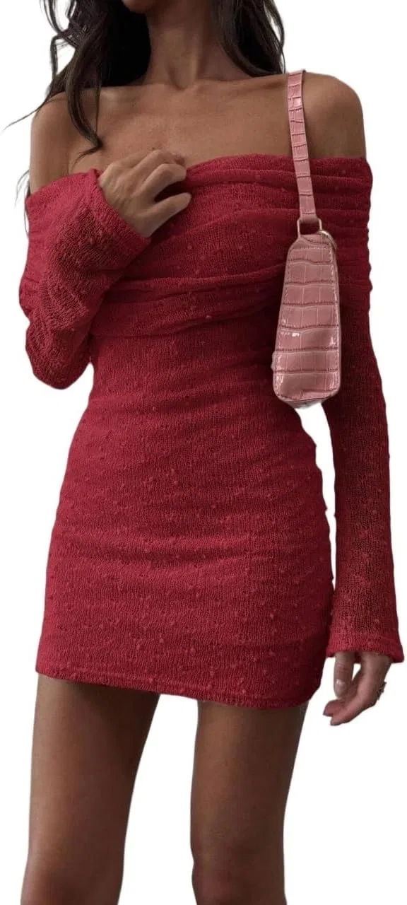 Женское облегающее платье с длинным рукавом Off Shoulder, Red