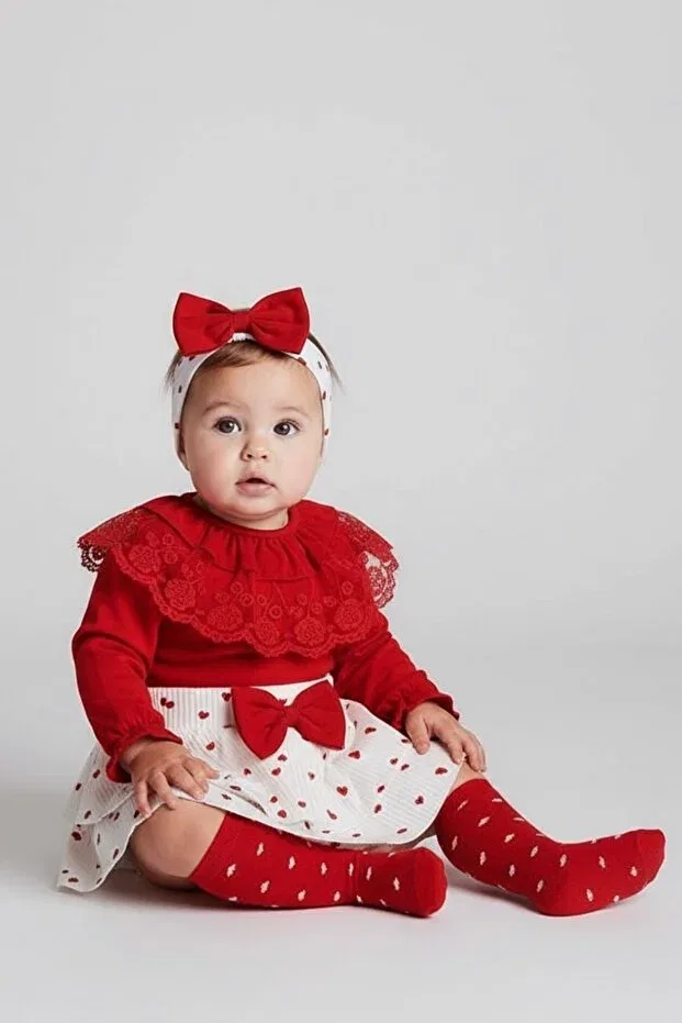 Детский комплект для девочек с кружевной юбкой Helena lace skirt set with heart socks Cherub Baby, Red