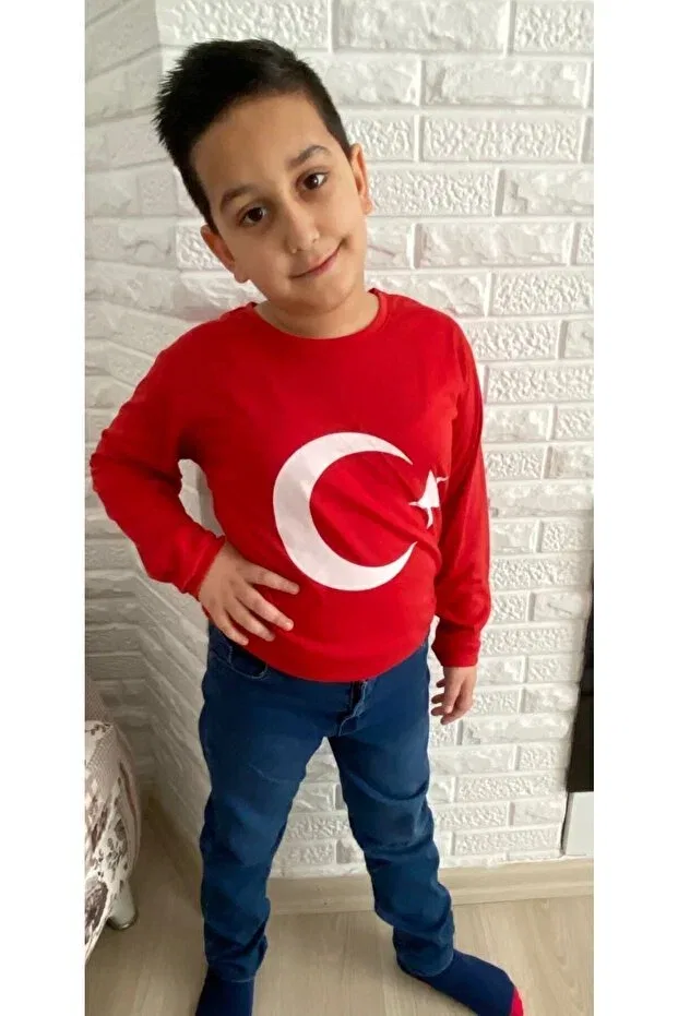 Детский лонгслив с принтом для девочек 100% cotton single jersey turkish flag printed long sleeve t-shirt Hakem Triko, Red