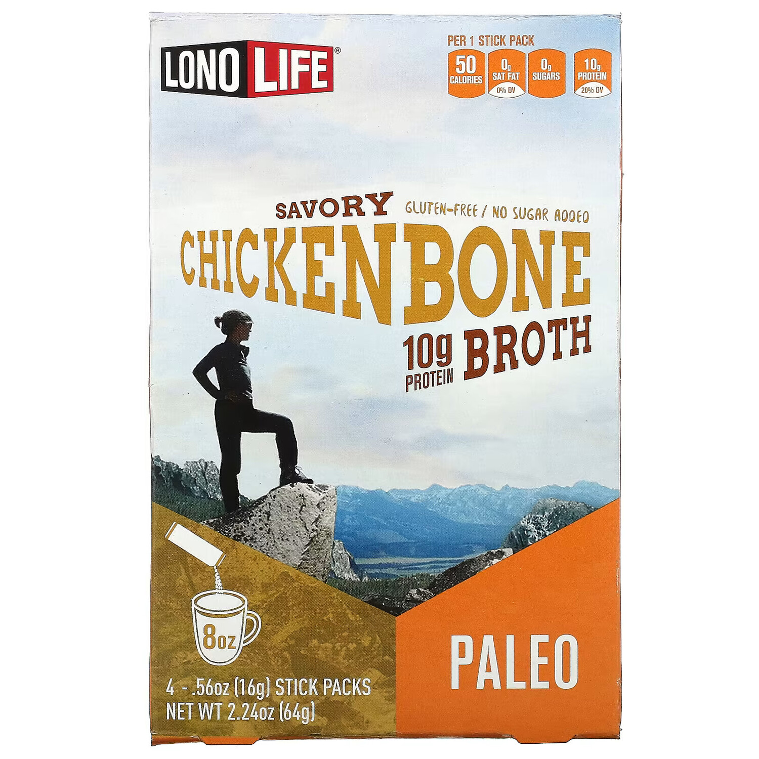 

Lonolife, Бульон, куриная кость, палеодиета, 4 пакетика по 16 г (0,56 унции)