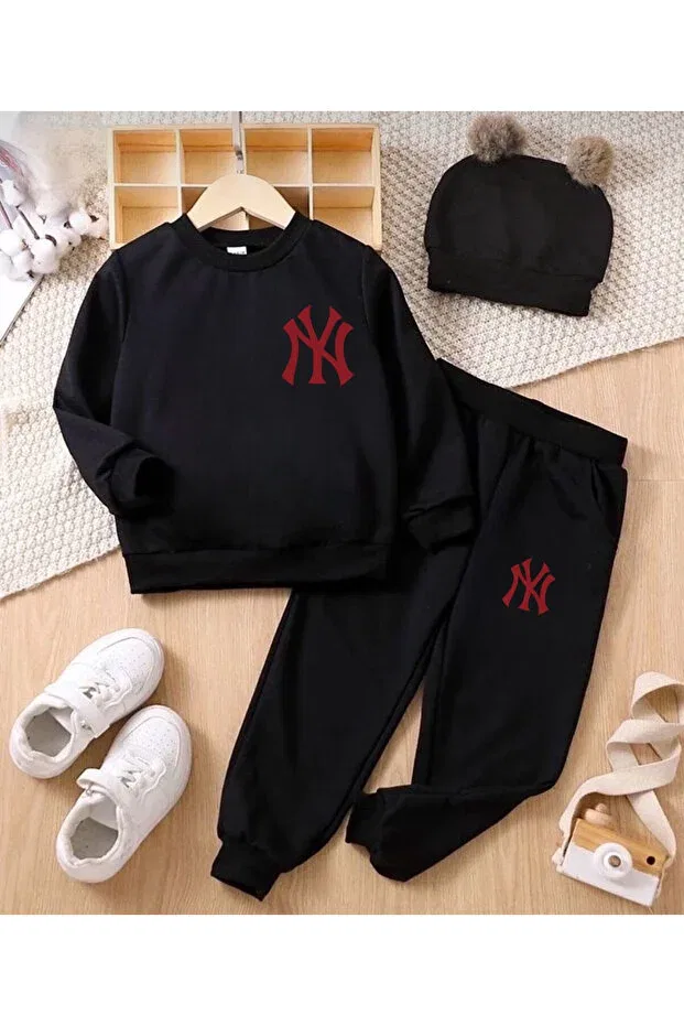 Детский комплект спортивного костюма с принтом New york printed black tracksuit set Topçu, Black