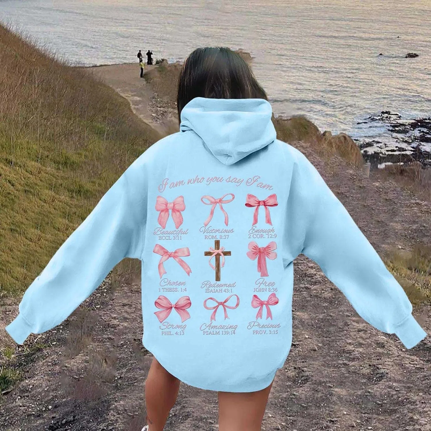 Женский свитшот с длинным рукавом, с принтом, Christian Graphic Hoodies, светло-синий — фото 3